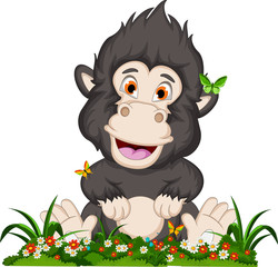 Fototapeta premium gorilla cartoon sitting on flowers garden
