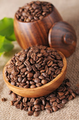 Coffee beans in wooden bowl