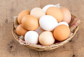 farm eggs in a basket on wooden table