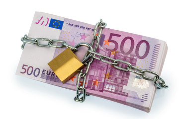 Euro-Geldscheine mit Kette und Vorhängeschloss
