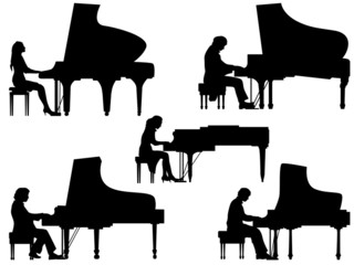 Silhouettes pianist at the piano. - obrazy, fototapety, plakaty