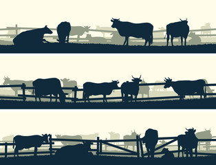 Horizontal vector banner farm fields with fence and farm animals - 64908131