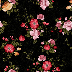 Seamless floral pattern with roses on dark background