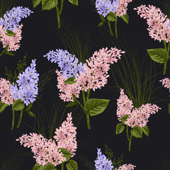 Seamless floral pattern with lilac on black background