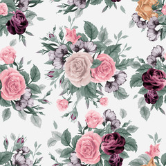 Seamless floral pattern with of roses on white background