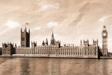 Fototapeta na wymiar Vintage view of London, Big Ben & Houses of Parliament