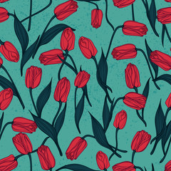 Seamless floral pattern with tulips. Vector background.