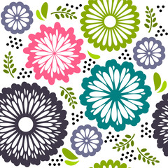 Seamless pattern  retro flowers pink purple green white
