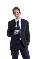 Erfolgreicher Geschäftsmann mit Brille in der Hand