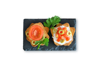 toast with tomato, oil, green olives