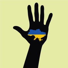 Vector hand with Ukraine map with the flag inside. Save us