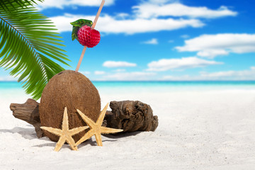 Kokosnuss mit Strohhalm unter Palmwedel am Strand