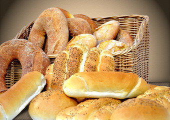 Composition with bread basket of different specialties