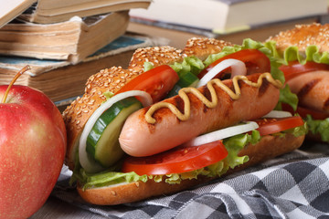 A quick lunch: a hot dog and apple