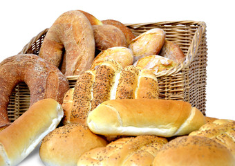 Composition with bread basket of different specialties