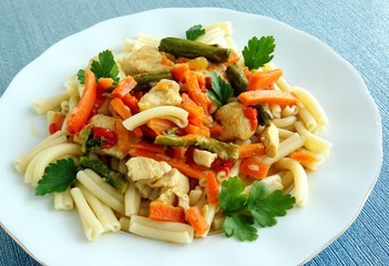 pasta with chicken meat and vegetables