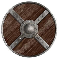 Medieval vikings round wooden shield isolated on white