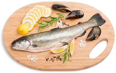 Uncooked fish and mussels