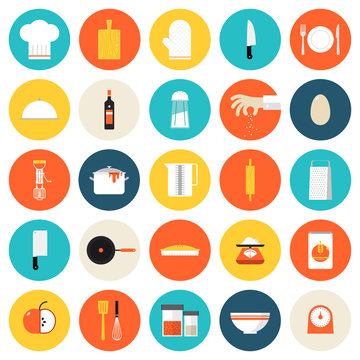Kitchen cooking tools and utensils flat icons