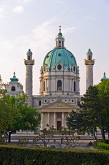 Karlskirche or saint Charles church at sunrise in Vienna