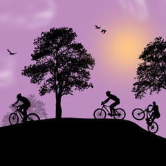 Fototapeta na wymiar Beautiful landscape and cyclists silhouettes