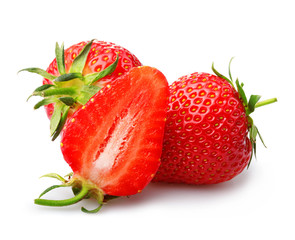 Strawberries with leaves and slices isolated on a white