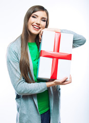 Woman hold gift.