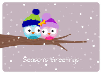 christmas greeting card with cute owls couple with wool hats