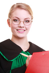 Woman lawyer attorney in polish gown writing on clipboard