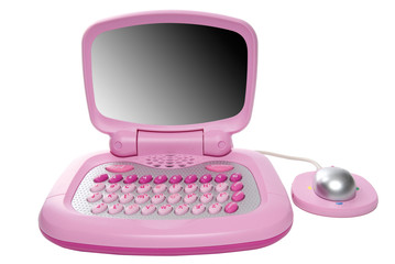 Pink children’s computer isolated on a white background. © andrewburgess