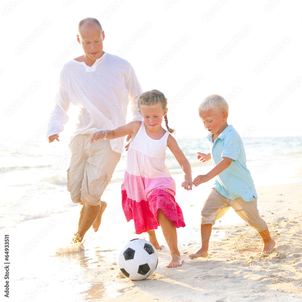 Sticker father and his kids playing football together