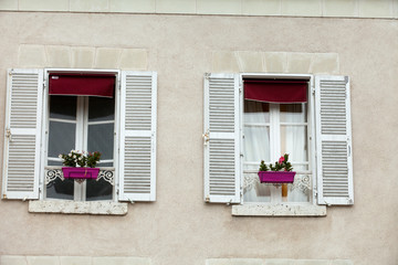 Fototapeta na wymiar White windows with shutters and flower pot