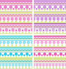 Stripes and dots fabrics  zig-zags flowers seamless background