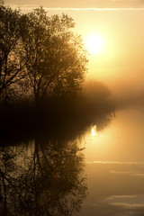 Fototapeta na wymiar foggy sunrise over the lake