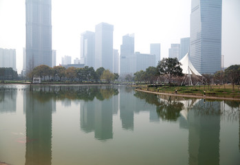 Shanghai Lujiazui at city park buildings backgrounds streetscape