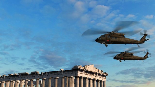 Black Hawk Helicopter fly over Acropolis of Athens