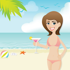 cartoon cute girl on the beach with cocktail