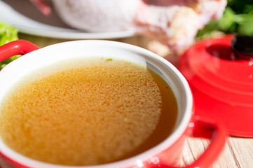 Chicken broth, bouillon, clear soup.