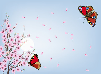 spring tree pink blossoming branches and red butterflies