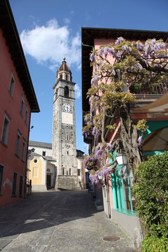 Ruelle pr&egrave;s de l'&eacute;glise, san pietro e paolo + glycines.