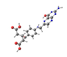 Folic acid (vitamin M, vitamin B9) molecular structure on white