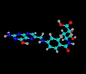Folic acid (vitamin M, vitamin B9) molecular structure on black