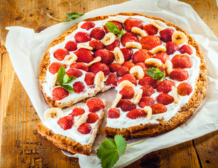Freshly baked strawberry and banana flan