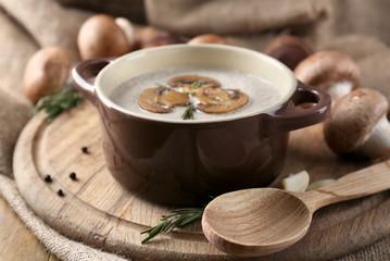 Composition with mushroom soup in pot, fresh and dried