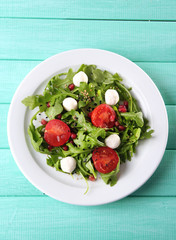 Green salad made with  arugula, tomatoes, cheese mozzarella