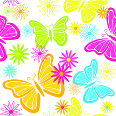 Colorful butterflies and flowers seamless background