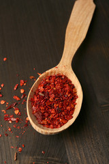 Spice pepper in spoon on wooden background