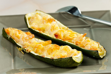 baked prawns on zucchini