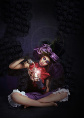Witchcraft. Fairytale. Enigmatic Magus with Lamp in Darkness