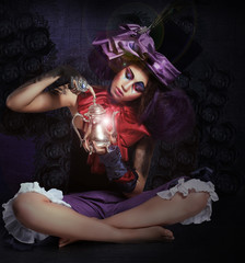 Mantra. Mythical Sorcerer in Mysterious Hat  holding Lattern